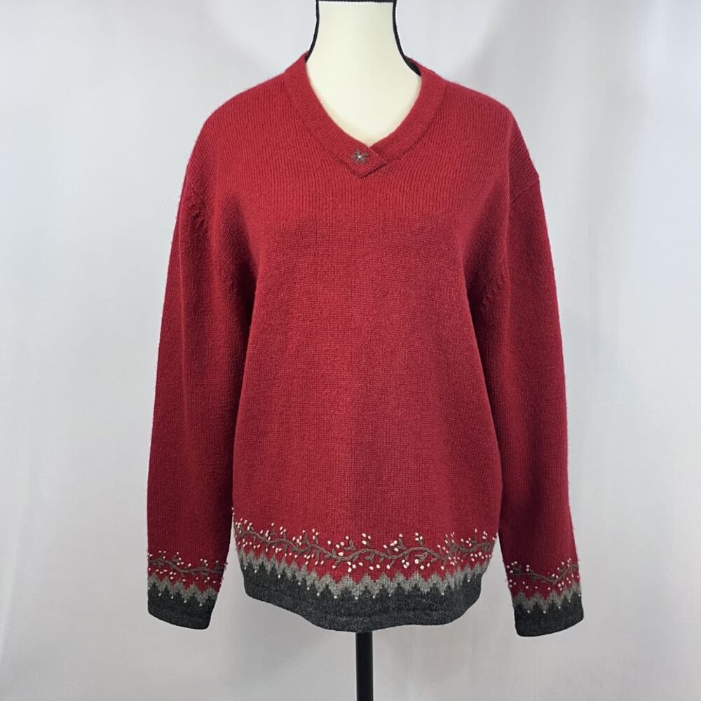 Woolrich V neck pullover sweater wool red womens XL